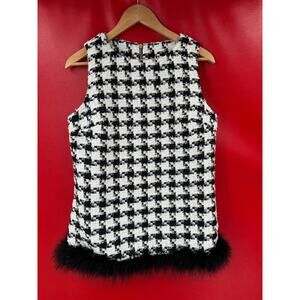 Sail To Sable Houndstooth Metallic Ivory Black Tweed Top Feathers Trim Sz S NWT